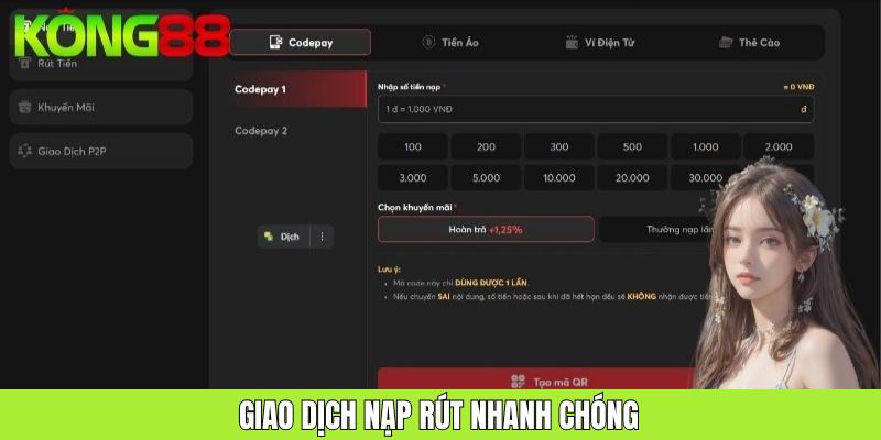 Giao dịch nạp rút ở KONG88 diễn ra chỉ trong vài phút